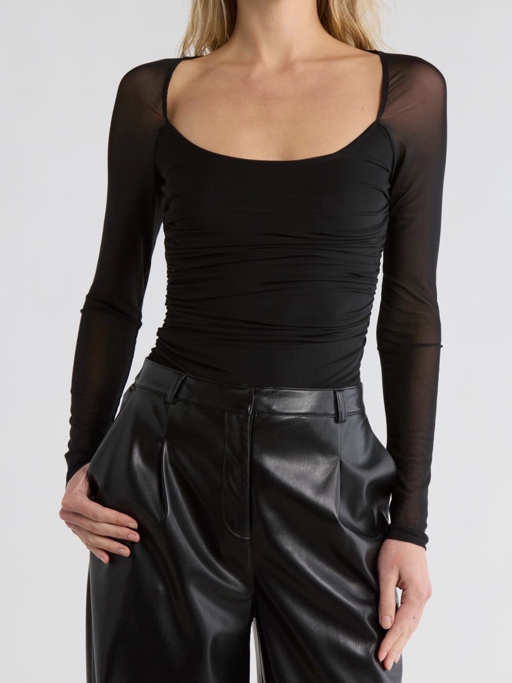 AFRM Black Mesh Top Size XL NWT | Square Neck Ruched Long Sleeve